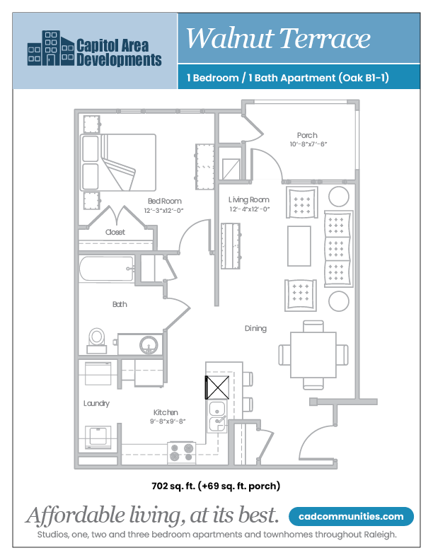 Floor plan for 1 bed, 1 bath, 702 sqft